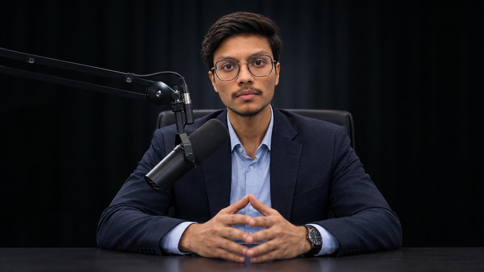 Syed Mateen at his desk with a podcast microphone